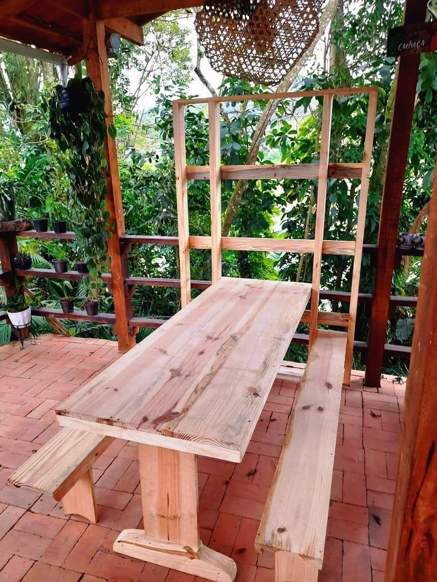 Mesa De Parede Com Dois Bancos Dobrável 1,5m Sem Pintura De Madeira Maciça Bv Magazine
