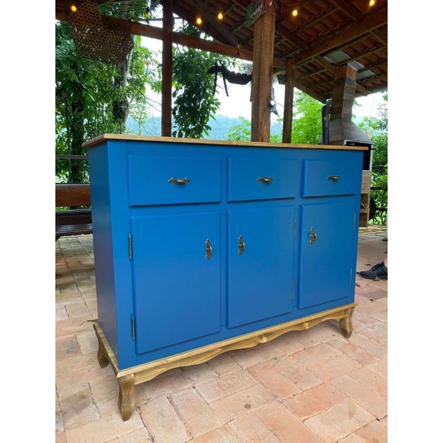 Balcão 1,20m 3 Portas E 3 Gavetas Com Detalhes Em Azul E Tampo De Madeira Maciça Moveis Rio Negrinho Balcão 1,20m 3 Portas E 3 Gavetas Com Detalhes Em Azul E Tampo De Madeira Maciça Moveis Rio Negrinho