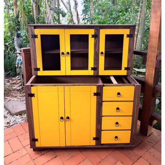 Kit Aéreo + Balcão De Pia Com Detalhes Em Amarelo De Madeira Maciça Móveis Rio Negrinho Kit Aéreo + Balcão De Pia Com Detalhes Em Amarelo De Madeira Maciça Móveis Rio Negrinho