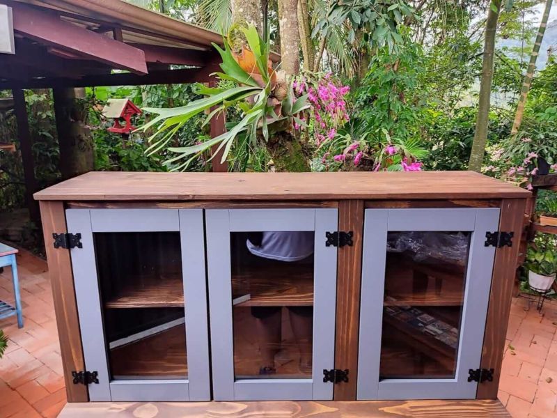 Aéreo 1,20m 3 Portas S/ Vidro Com Detalhes Em Cinza De Madeira Maciça Móveis Rio Negrinho