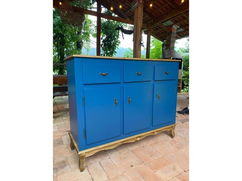 Balcão 1,20m 3 Portas E 3 Gavetas Com Detalhes Em Azul E Tampo De Madeira Maciça Moveis Rio Negrinho Balcão 1,20m 3 Portas E 3 Gavetas Com Detalhes Em Azul E Tampo De Madeira Maciça Moveis Rio Negrinho