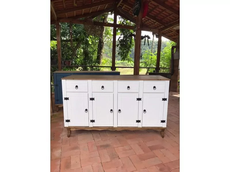 Balcão 1,60m 4 Portas E 4 Gavetas Com Detalhes Em Branco E Tampo De Madeira Maciça Moveis Rio Negrinho