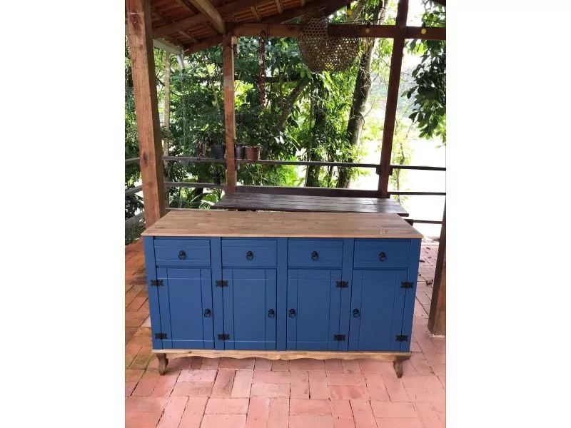 Balcão 1,60m 4 Portas E 4 Gavetas Com Detalhes Em Azul E Tampo De Madeira Maciça Moveis Rio Negrinho