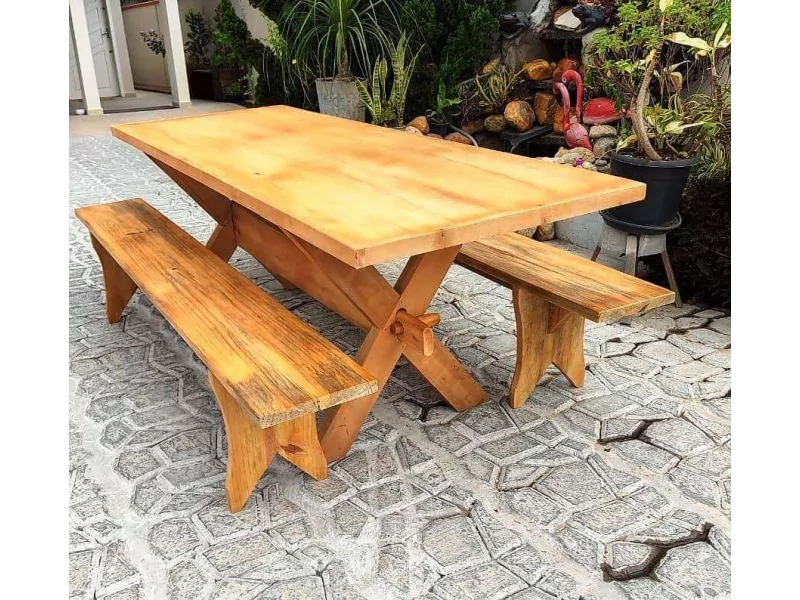 Mesa De Churrasco 2,25m Com 2 Bancos De Madeira Maciça Móveis Rústicos Bv Magazine