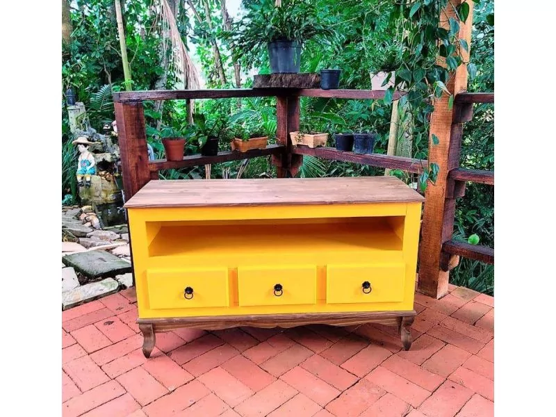Rack 3 Gavetas Amarelo Pé Luís XV Madeira Rio Negrinho
